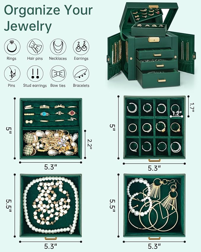 AKOZLIN 4-Tier Jewelry Box Leather Jewelry Storage Organizer with 3 Drawers Lockable for Women Girls Ring Necklace Earring Bracelet Holder with Mirror Forest Green-CubbioJoy