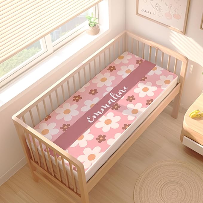 Custom Name Crib Bedding Set for Baby Girls – Personalized Pink Flower 3-Piece Nursery Bedding with Blanket, Fitted Sheet & Pillowcase – Baby Infant Toddler Shower Gift-CubbioJoy