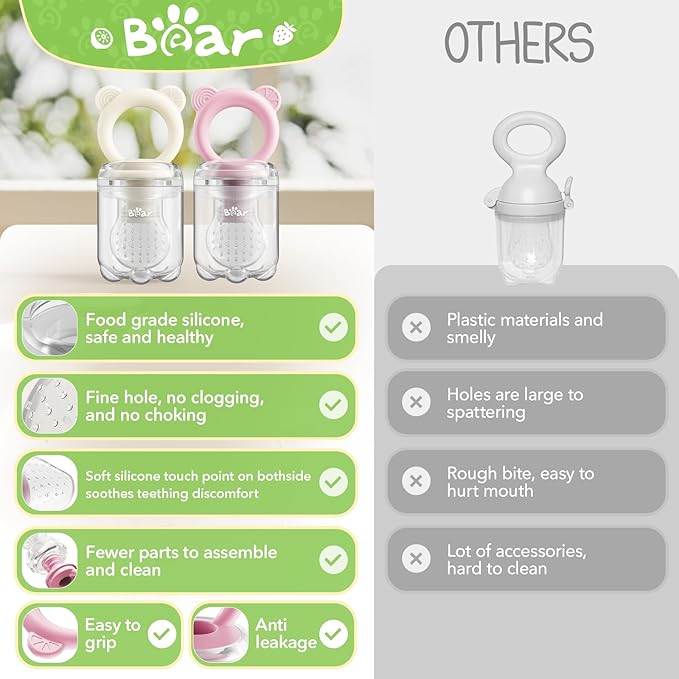 Bear Baby Fruit Food Feeder & Mini Freezer Nibble Tray Combo, 2 Pack Breastmilk Popsicle Molds for Baby Teething Relief, BPA Free Silicone Feeder for Safe Infant Self Feeding, Dishwasher Safe-CubbioJoy