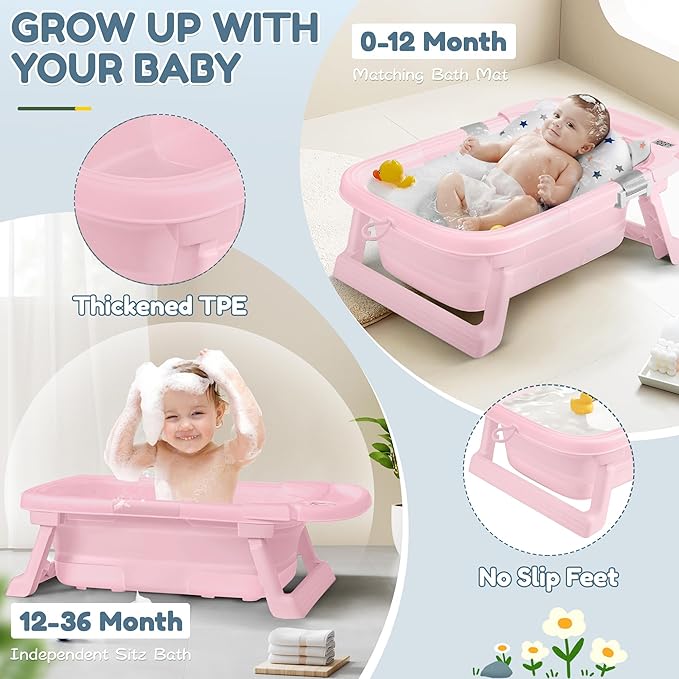 Collapsible Baby Bathtub,Baby Bath Tub with Thermometer & Soft Cushion,Baby Bathtub for Newborn to Toddler 0-36 Months,Portable Travel Baby Tub with No-Slip Feet,Baby Shower Gifts,Pure Pink-CubbioJoy