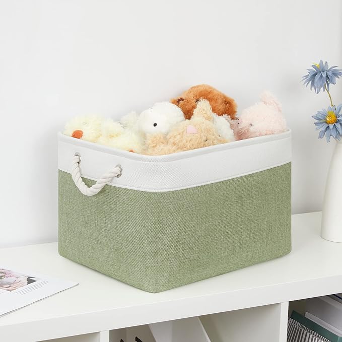 Bidtakay Large Fabric Baskets for Organizing [3-pack] Closet Organizers and Storage Baskets for Gifts Empty Foldable Nursery Baskets for Toy Storage 15 X 11 X 9.5 Inches (White&green)-CubbioJoy