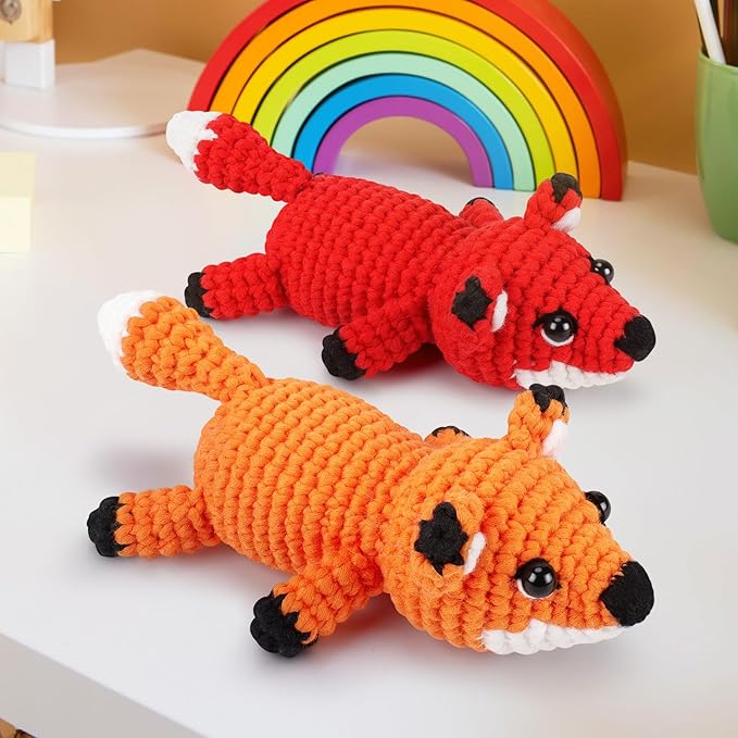 Crochet Kit for Beginners - 2 PCS Fox Crochet Kits with Step-by-Step Video Tutorials, Beginner Crochet Kit for Adults, Crochet Animal Kit for Kids, Crochet Fox Set (Orange & Red)-CubbioJoy