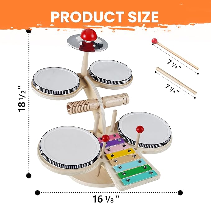 iPlay, iLearn Toddler Wooden Drum Set, Kids Musical Instruments Toy, 8 in 1 Percussion Drum Kit W/Xylophone Cymbal, Baby Montessori Learning Birthday Gifts for 18 Month, 2 3 4 5 6 Year Old Boy Girl-CubbioJoy