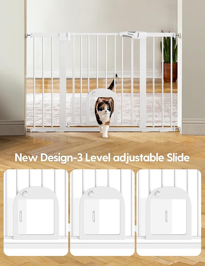 Babelio 29-48" Extra Wide Baby Gate with Adjustable Cat Door,Easy Install Pressure/Hardware Mounted,Auto Close Pet door for Stairs,House,Doorways,Effortless Walk Thru,White-CubbioJoy