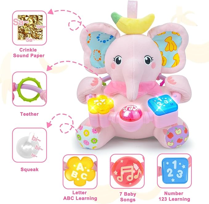 Baby Elephant Musical Stuffed Animals Toy with Light-Up Music & Crinkle Sound Paper,Infant Bilingual Early Learning Education Toys,Tummy Time Toys for 0-3-6-12+ Months Boy Girl, Pink-CubbioJoy