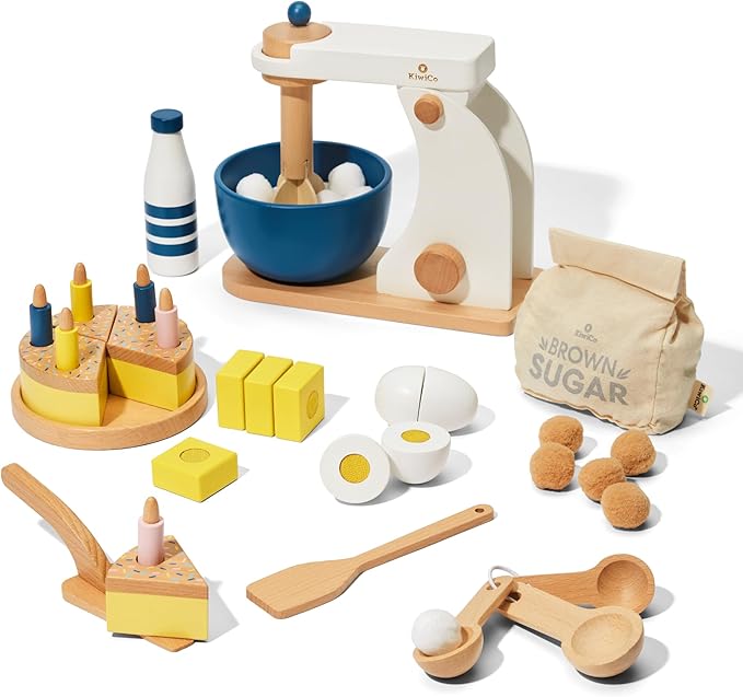 Bake-a-Cake Stand Mixer | KiwiCo Play Kitchen | Kids Baking Set Ages 3+ | Learn Early Math with Wooden Kitchen Play Set | Includes Ingredients, Stand Mixer, Measuring Spoons, Recipe Cards and More-CubbioJoy