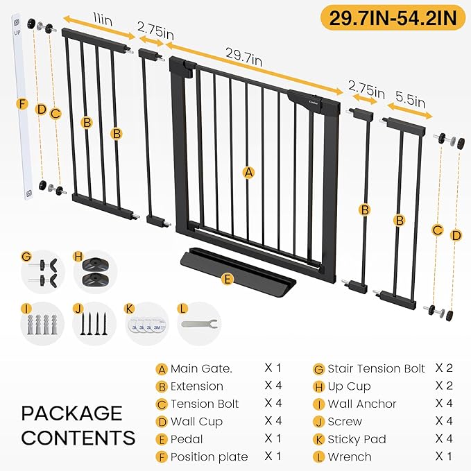 Cumbor 2 Pack 29.7-54.2" Baby Gate for Stairs, Mom's Choice Awards Winner-Auto Close Dog Gate for doorways, Easy Install Pressure Mounted Pet Gate Indoor, Walk Thru Wide Safety Gate for Dog, Black-CubbioJoy