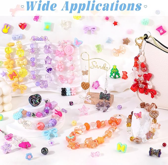 Assorted 170-230PCS Mixed Colors Acrylic Beads for Bracelet Making, Flower Bow Butterfly GummyBear Aesthetic Bracelet Charms,Cute Beads for Jewelry Making DIY Necklace Keychain Phone Charm-CubbioJoy