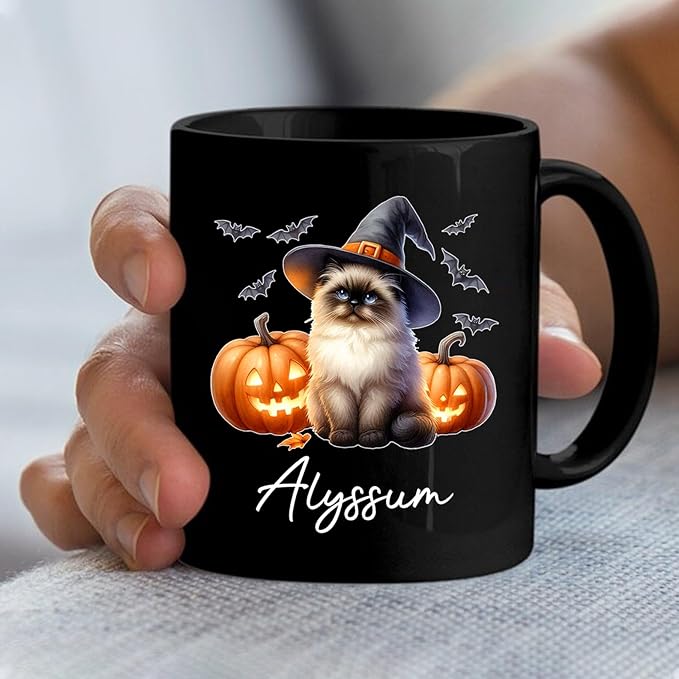Customized Himalayan Wearing Witch Hat Mug with Name, Personalized Halloween Himalayan Ceramic Mug 11oz 15oz, Cat Pumpkins Black Coffee Cup, Halloween Cup Gift for Pet Lover Family Friend-CubbioJoy