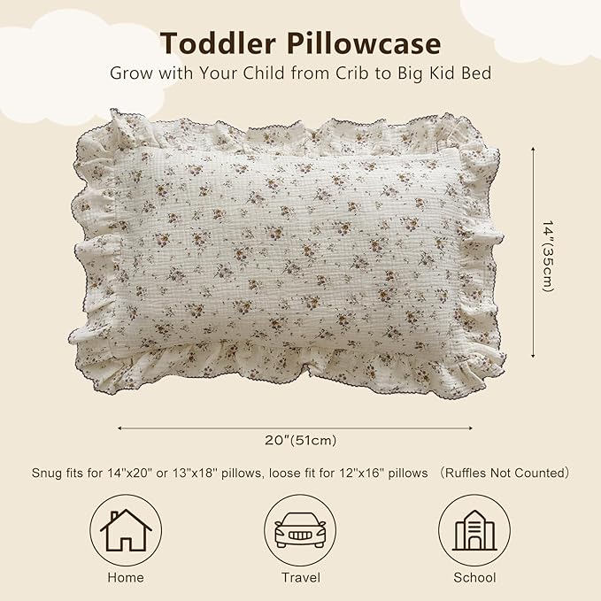 BuLuTu Floral Toddler Pillow Cases Cotton Muslin Cotton Pillowcases for Girls Nursery Pillow, Kids Pillow Cover for Crib/Toddler Bed, Envelope Closure,1 Piece, Crapemyrtle Pattern, 14"x20"-CubbioJoy