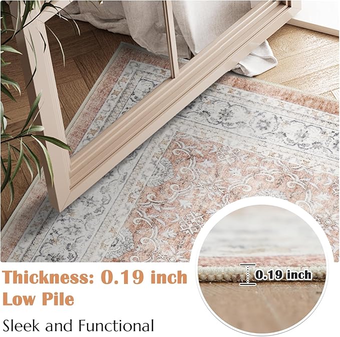 jinchan Washable Area Rug 3x5 Entryway Low Pile Boho Floral Print Rug Faux Wool Soft Indoor Doormat Stain Resistant Non-Slip Ultra-Thin Rug Kitchen Living Room Bedroom Dining Room Office Orange-CubbioJoy