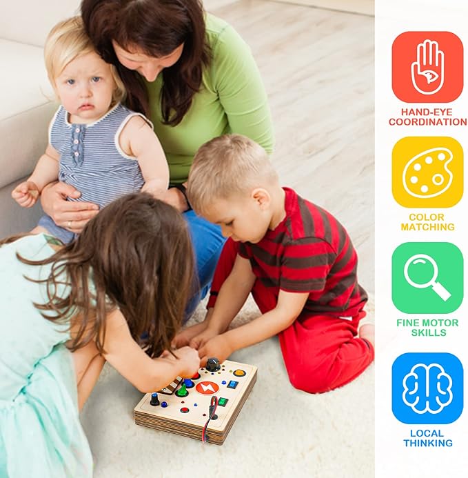 Joyreal Montessori Busy Board Wooden Sensory Toys for Toddler with LED Light Up Switch, Baby Fidget Board Travel Toys for 18+ Months, 1 2 3 Year Old Boys Girls Toddler Toy Gifts (Mixed Lights)-CubbioJoy