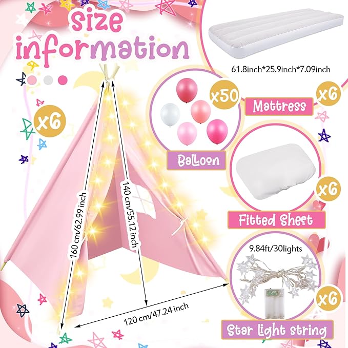 6 Pack Sleepovers Teepee Tent for Kids Bulk with Mattress Sheet Light,Natural Cotton Washable Indoor Play Tent for Birthday Slumber Party Girls Boys Pajama Movie Night Supplies(Pink, Purple, White)-CubbioJoy