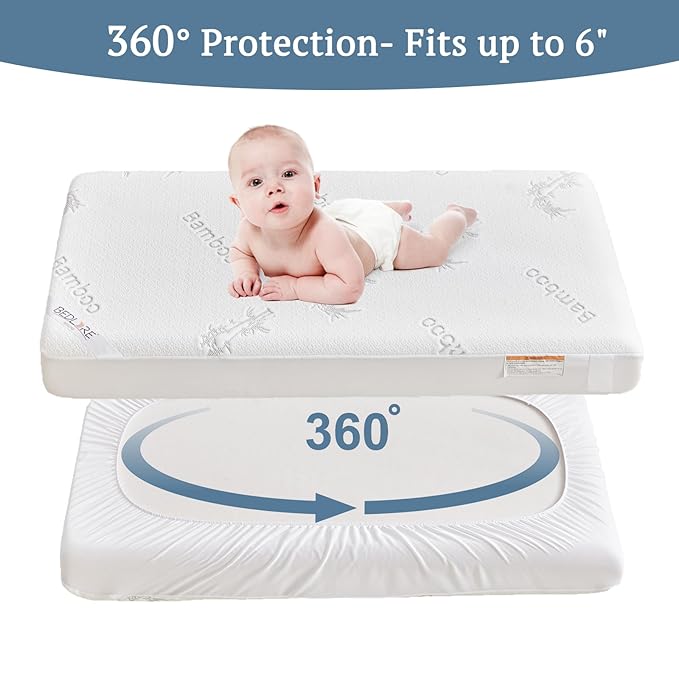 BEDLORE Waterproof Crib Mattress Protector 2 Pack, Ultra Soft Bamboo Viscose Crib Mattress Pad Cover, Noiseless Toddler Mattress Protector for Standard Baby Bed Size 52''x28'', White-CubbioJoy