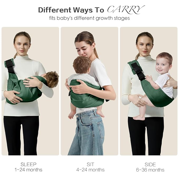 Baby Sling Carrier, Toddler Carrier Sling with Double Safety Buckle and Adjustable Shoulder Strap(7-30lbs), Baby Carriers One Size Fits All, Dark Green-CubbioJoy