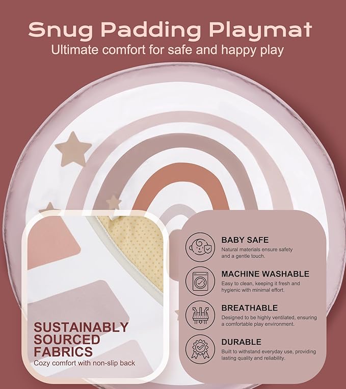 Baby Play Gym Mat, Tummy Time Activity Mat with 7 Detachable Toys and 12 Milestone Cards for Stage-Based Sensory and Motor Skill Development, Washable Play Mats for Infant, Newborn Baby Essentials-CubbioJoy