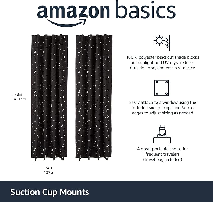 Amazon Basics Portable Blackout Curtain Shade with Suction Cups, 50" W x 78"L, 2-Pack, Moon and Stars-CubbioJoy