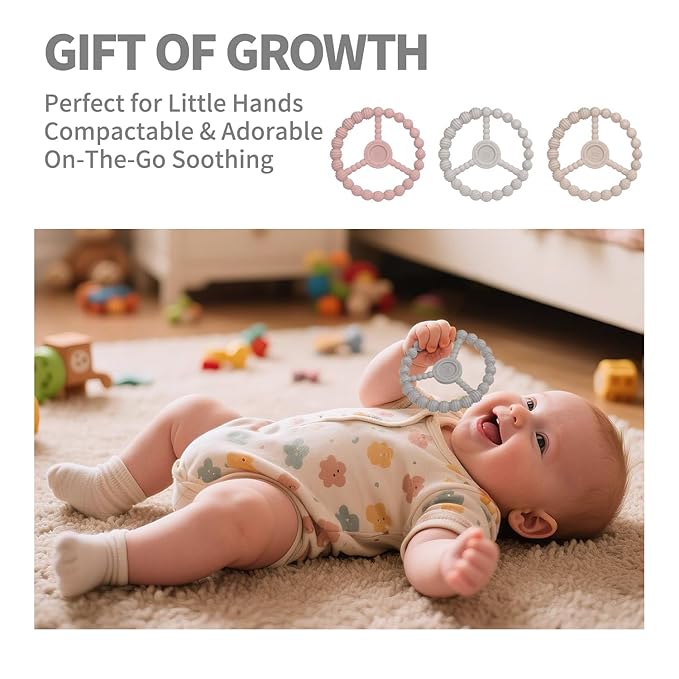 3 Pack Baby Teething Toys 3-6 Months, Silicone Ring Teethers for Babies 6-12 Months, Freezer Safe Chew Toy with Textured Grip for Boys Girls Teething Relief, Infant Easter Gift (Sandy Rose Pink)-CubbioJoy