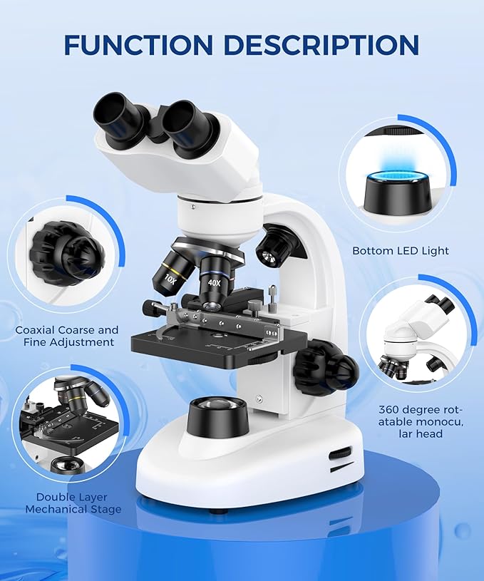 Compound Binocular Microscope for Kids & Students, 40X-2000X Magnification, Microscope Kit with Slides & Specimens, Lab Equipment for School Biology Class & Home Science Experiments-CubbioJoy