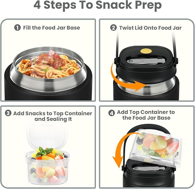 2-in-1 Insulated Food Jar & Snack Container - 15oz Kids Soup Thermos for Hot Food with Handle and Spoon, Leak Proof Reusable Toddler Snack Box, Perfect for School & Travel, Black-CubbioJoy