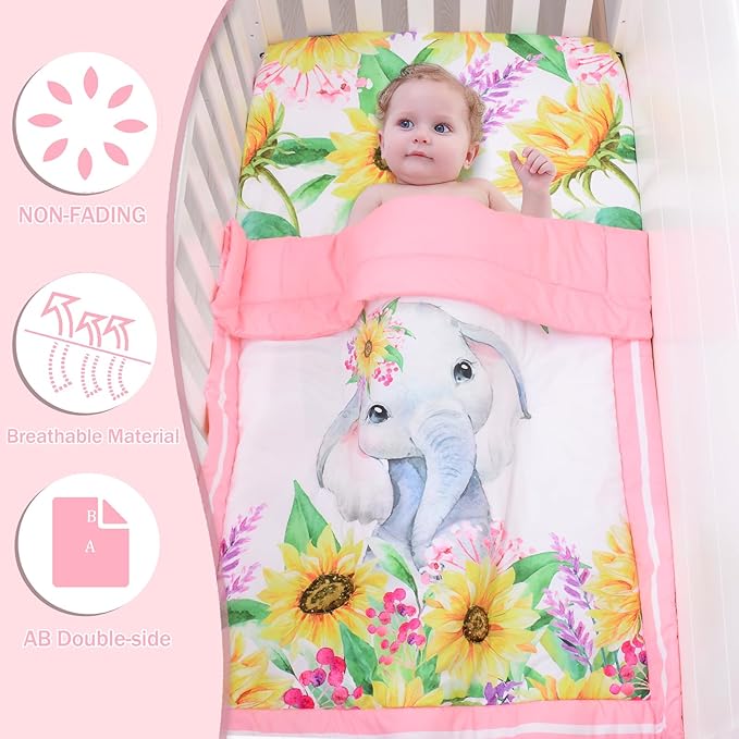Cloele Crib Bedding Set for Baby Girls - 3 Piece Elephant Baby Bedding Set includes Pink Crib Skirt Crib Quilt Fitted Sheet - Sunflower Soft Nursery Comforter Bedding Set for Girls-CubbioJoy