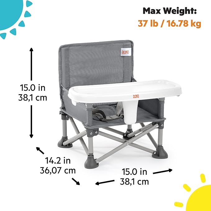 Bright Starts Pop 'N Sit Portable Booster, Indoor/Outdoor Use, Floor Seat with Feeding Tray, Grey, 6 Mos - 3 Yrs-CubbioJoy