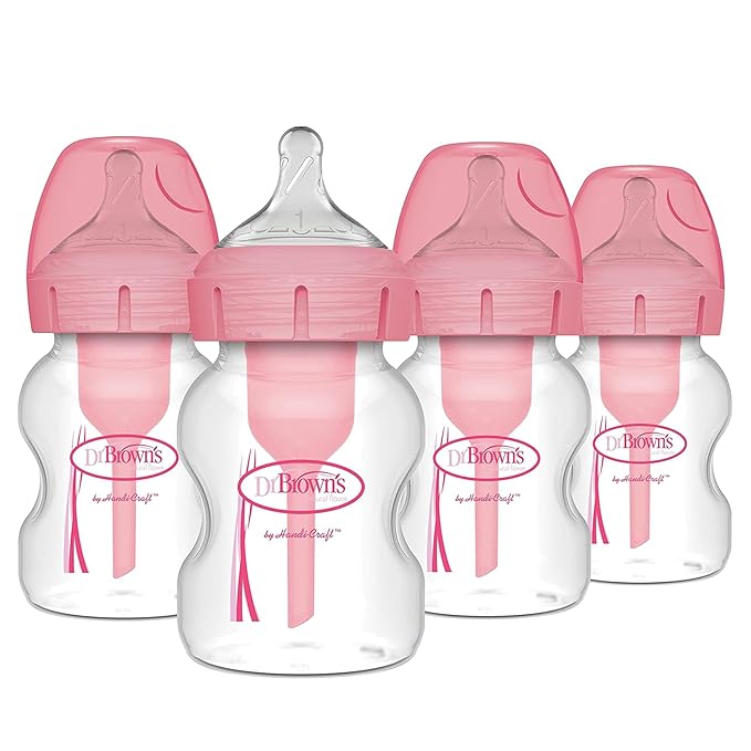 Dr. Brown's Natural Flow Anti-Colic Options+ Wide-Neck Baby Bottles 5 oz/150 mL,with Level 1 Slow Flow Nipple, Pink 4 Pack, 0m+-CubbioJoy