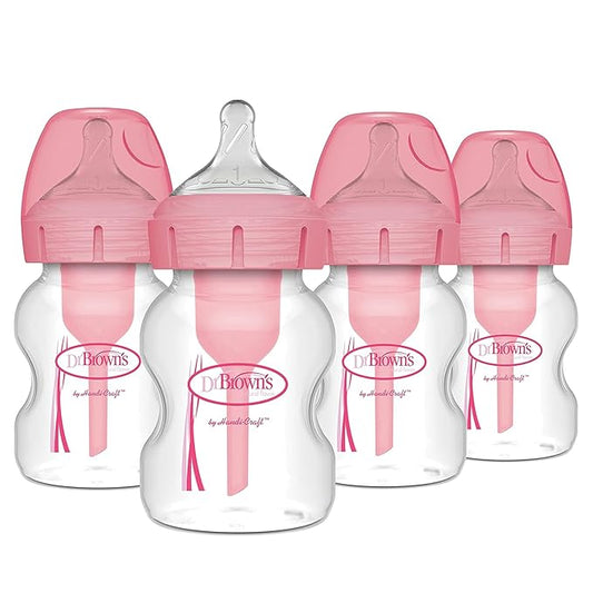 Dr. Brown's Natural Flow Anti-Colic Options+ Wide-Neck Baby Bottles 5 oz/150 mL,with Level 1 Slow Flow Nipple, Pink 4 Pack, 0m+-CubbioJoy