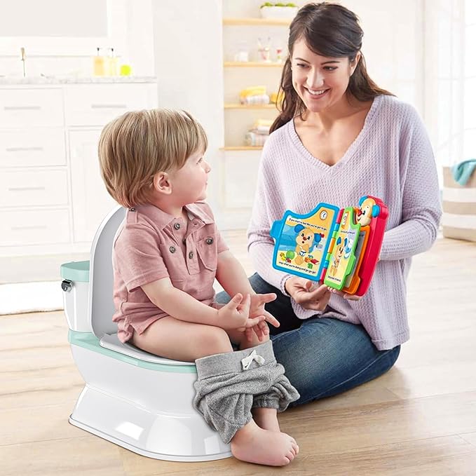 2-in-1 Toddler Potty Training Toilet - Larger Potty Chair & Detachable Training Seat for Boys & Girls Ages 1-3 with Flushing Sound, Wipes Storage, Toilet Paper Holder - Cyan-CubbioJoy