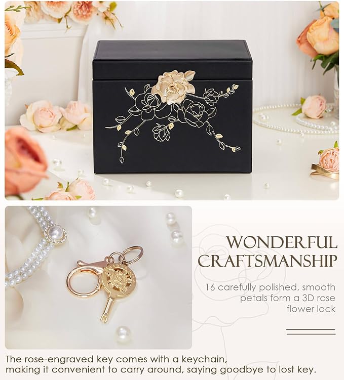 Jewelry Box with Lock for Girls: Jewelry Organizer for Dresser - 3-Drawer Earrings Storage Girls Women Gift (Black)-CubbioJoy