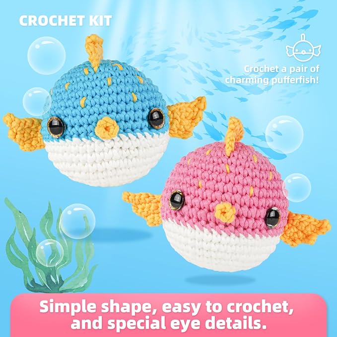 Crochet Kit for Beginners, Learn to Crochet, Include Easy Knitting Soft Yarn, Step-by-Step Video Tutorial, Hook, Holiday Birthday Gift for Adults and Kids(2 Pack Blowfish)-CubbioJoy