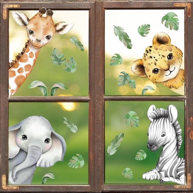 22.44 x 21.25 Inch Watercolor Jungle Animal Window Clings Tiger Lion Elephant Zebra Window Stickers Double-Side Safari Animal Window Stickers for Baby Nursery Playroom Bedroom Window Glass Wall Decor-CubbioJoy