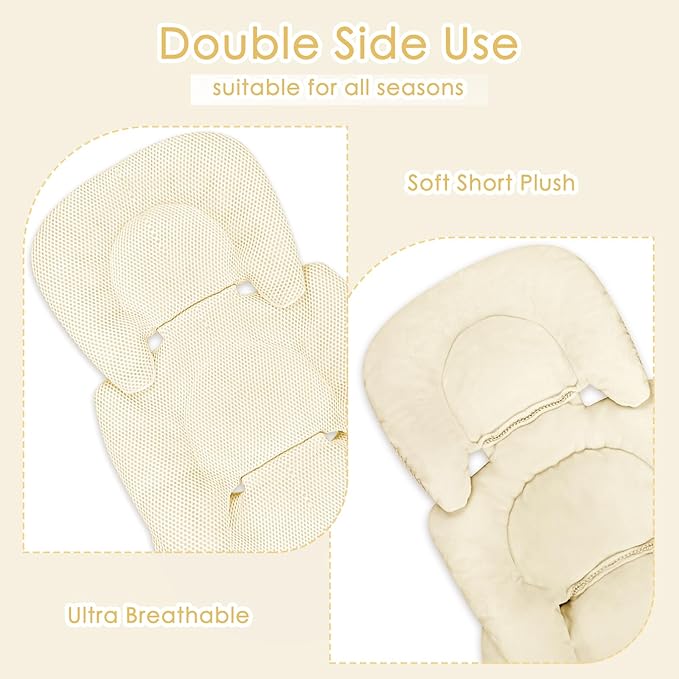 Infant Car Seat Insert for Newborn Girls Boys, Summer Mesh Baby Carseat Head Support with Strap Pads, Soft Reversible Baby Car Seat Insert Cushion Pad for Car Seat, Stroller, Bouncer, Swing, Beige-CubbioJoy