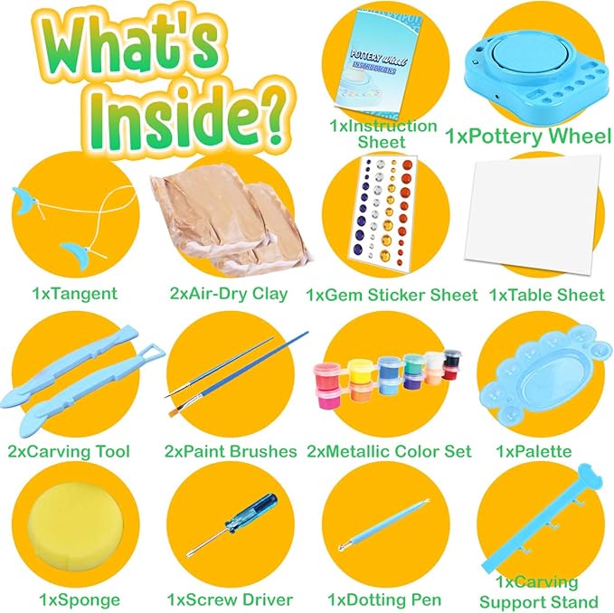 Insnug Mini Kids Pottery Wheel: Complete Painting Kit for Beginners with Modeling Clay and Sculpting Tools, Arts & Crafts Small Banding Wheel for Pottery, Tiny Pottery Wheel for Kids Age 8-12, 10-13-CubbioJoy
