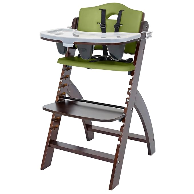 Abiie Beyond Junior Wooden High Chair with Tray - Adjustable and Convertible High Chair for Babies and Toddlers - 6 Months to 250 Lb - Water Resistant - Mahogany Wood/Olive Cushion-CubbioJoy
