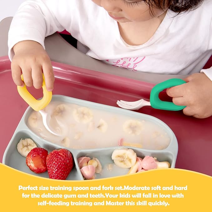 Baby Self Feeding Training Spoon and Fork Set with Travel Case, BPA-Free Cute Circle Toddler Training Utensils, Silicone/ABS Great Tableware Set Spoons Fork for Kids(Deep Green & Light Yellow)-CubbioJoy