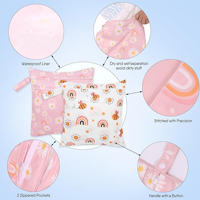 2pcs Cloth Diaper Wet Dry Bags, Waterproof Reusable Wet Bag with 2 Zipper Pockets & Handle, Washable Laundry Bags for Baby Adult Clothes Travel Beach Pool Daycare Yoga Gym Exercise Swimsuits,-CubbioJoy