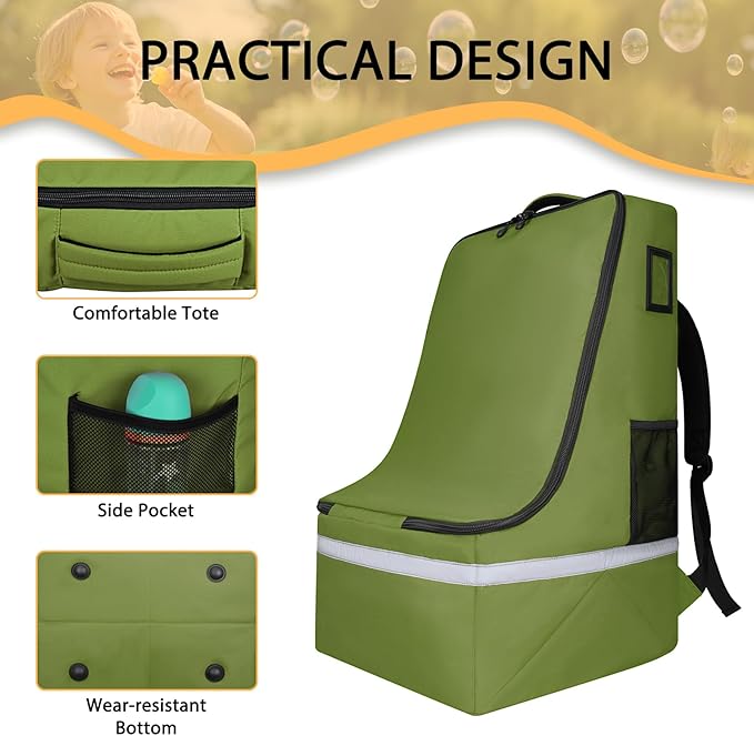 Car Seat Travel Bag for Airplane,Infant Seat Travel Bag with Shoulder Strap,Padded Car Seats Backpack with Reflective Stripes,Large Carseat Carrier Bag Travel Car Seat Cover,Green-CubbioJoy