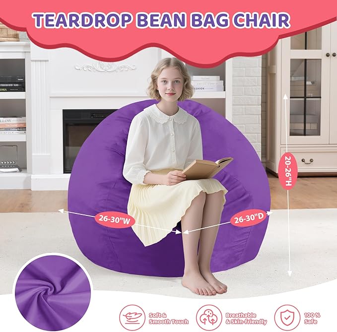 2FT Bean Bag Chair, Comfy Bean Bag Chairs with Memory Foam Filled, Fluffy Beanbag Sofa with Dutch Velvet Cover, Teardrop BeanBag Chairs for Living Room, Playroom - Purple-CubbioJoy