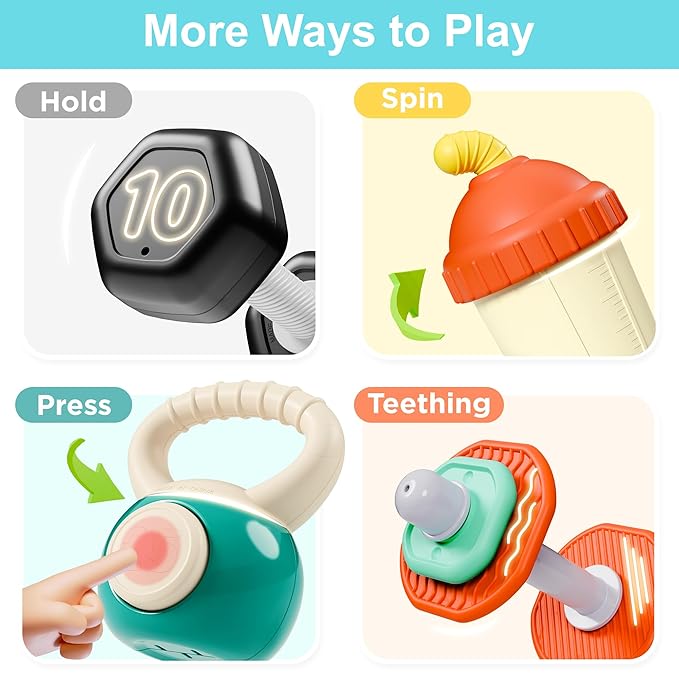 iPlay, iLearn Baby First Gym Rattle Set, Infant Dumbbell Weights Teething Rattles 3-6-12 Month, Newborn Workout Sensory Stroller Toy, Babies Birthday Shower Gift 5 7 8 9 10 Month Toddler Boy Girl-4PCS-CubbioJoy