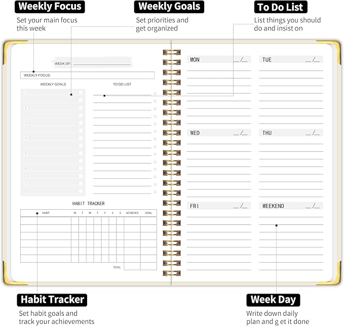 Undated Weekly Planner, Weekly To Do List Notebook with Goal & Habit Tracker Organizer, A5 5.8" x 8.0" Weekly Planner Notebook with Spiral Binding for Men or Women-CubbioJoy