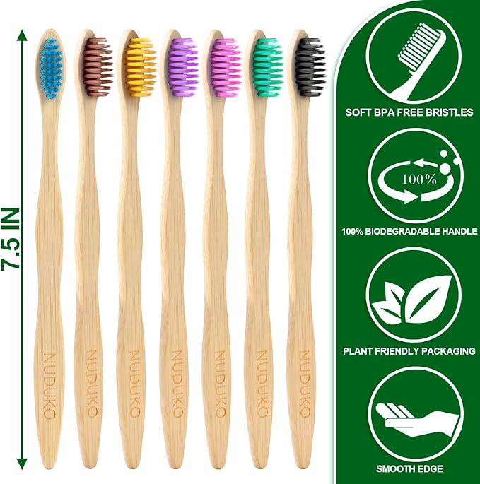 Biodegradable Bamboo Toothbrushes, 10 Piece BPA Free Soft Bristles Toothbrushes, Natural, Eco-Friendly, Green and Compostable (Multicolored Bristles)-CubbioJoy