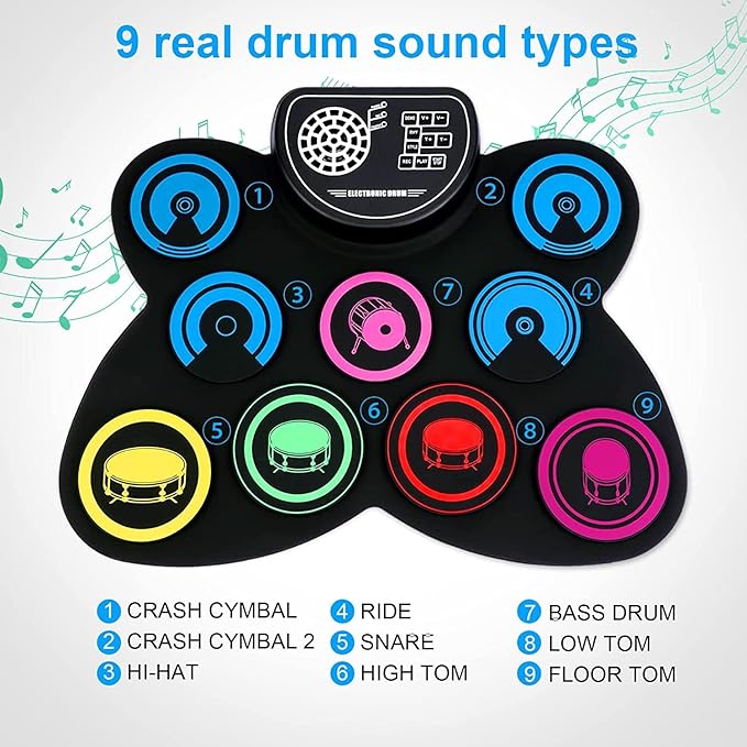 9-Pads Electronic Drum Set with Headphone Jack Speaker Drumsticks & Pedals, Holiday Gifts for Kids-CubbioJoy