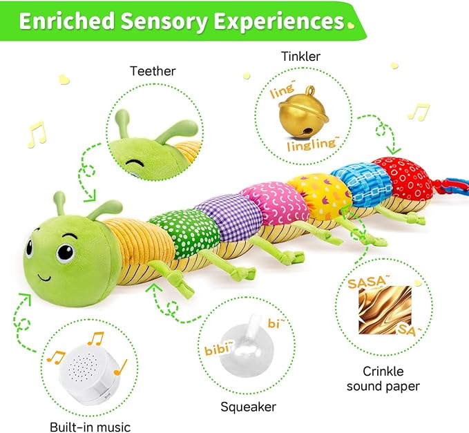 Baby Toys, Musical Plush Stuffed Toy for Newborn 0-3 0-6 3-6 6-12 Months Old, Animal Soft Rattle Sensory Toys with Teether for Tummy Time, Infant Boy& Girl Easter Gifts, Caterpillar-CubbioJoy