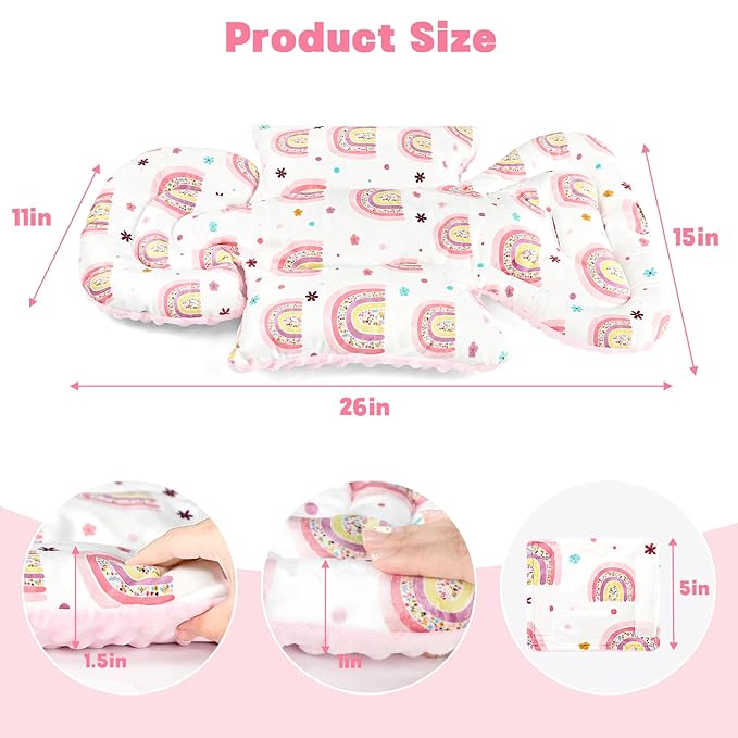 Infant Car Seat Insert with 3 Strap Covers, 3 in 1 Reversible Rainbow Baby Car Seat Head Support for Newborn, Baby Girl Newborn Essentials for Preemie to Infant, Stroller, Swing, Bouncer (Pink)-CubbioJoy
