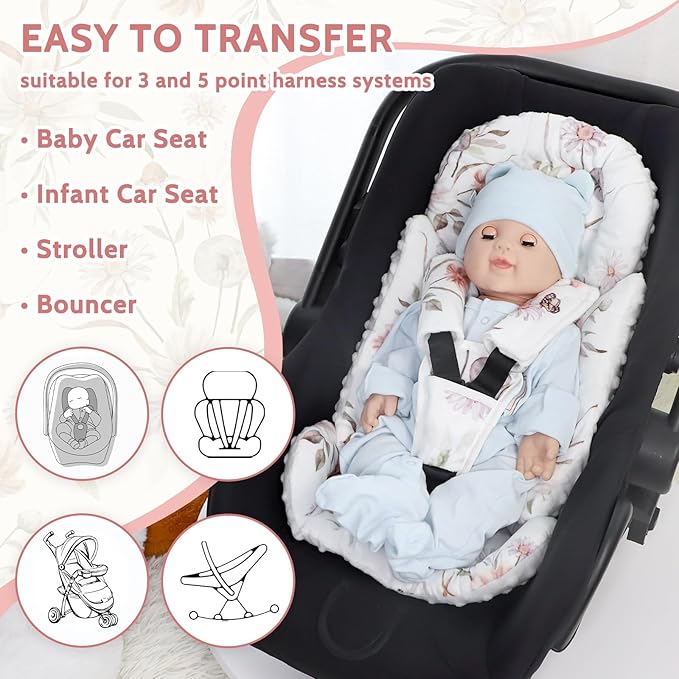 Infant Car Seat Insert and Strap Covers, Very Soft Car Seat Head Support Baby Girl Boy, Reversible Newborn Carseat Insert Cushion Fits for Stroller, Baby Swing, Bouncer (White Flower)-CubbioJoy