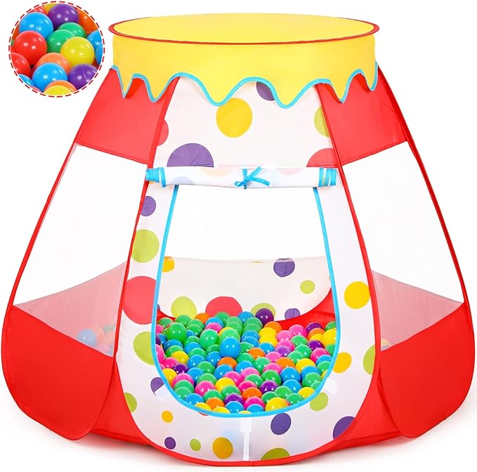 Baby Ball Pit for Toddler with 50 Balls, Kids Pop Up Play Tent for Girls, Princess Toys for Children Indoor & Outdoor Playhouse with Carry Bag (Red: 7 Bright Colors, 109x90cm/50 Balls)-CubbioJoy