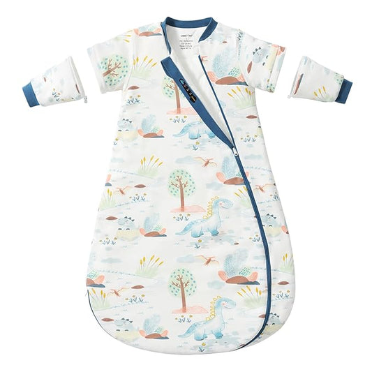Baby Sleep Sack 12-18 Months, Cotton Detachable Long Sleeve Sleep Sack, 2.5 Tog Toddler Sleeping Sack with Temperature Strips, 2-Way Zipper Wearable Blankets for Newborns, Dinosaur-CubbioJoy