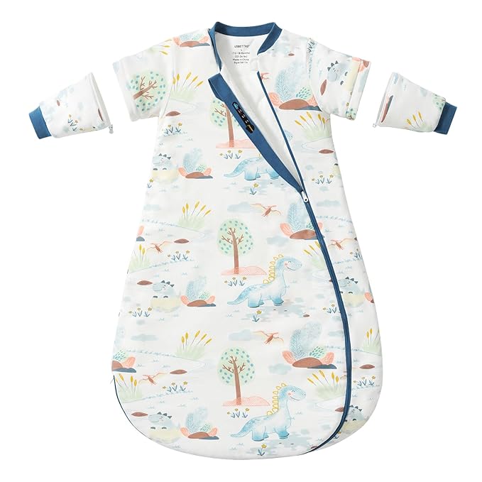 Baby Sleep Sack 12-18 Months, Cotton Detachable Long Sleeve Sleep Sack, 1.0 Tog Toddler Sleeping Sack with Temperature Strips, 2-Way Zipper Wearable Blankets for Newborns, Dinosaur-CubbioJoy
