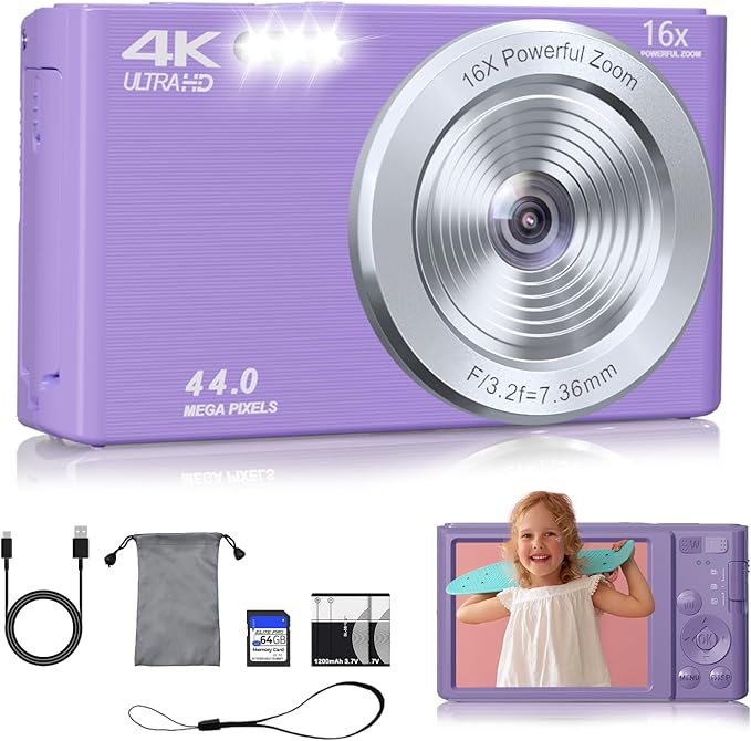 Digital Camera, 44MP FHD 4K Vlogging Camera for Kids Point and Shoot Cameras with 64GB Card, 16X Zoom Portable Compact Small Camera Gifts for Teens Boys Girls Adult Beginner-CubbioJoy